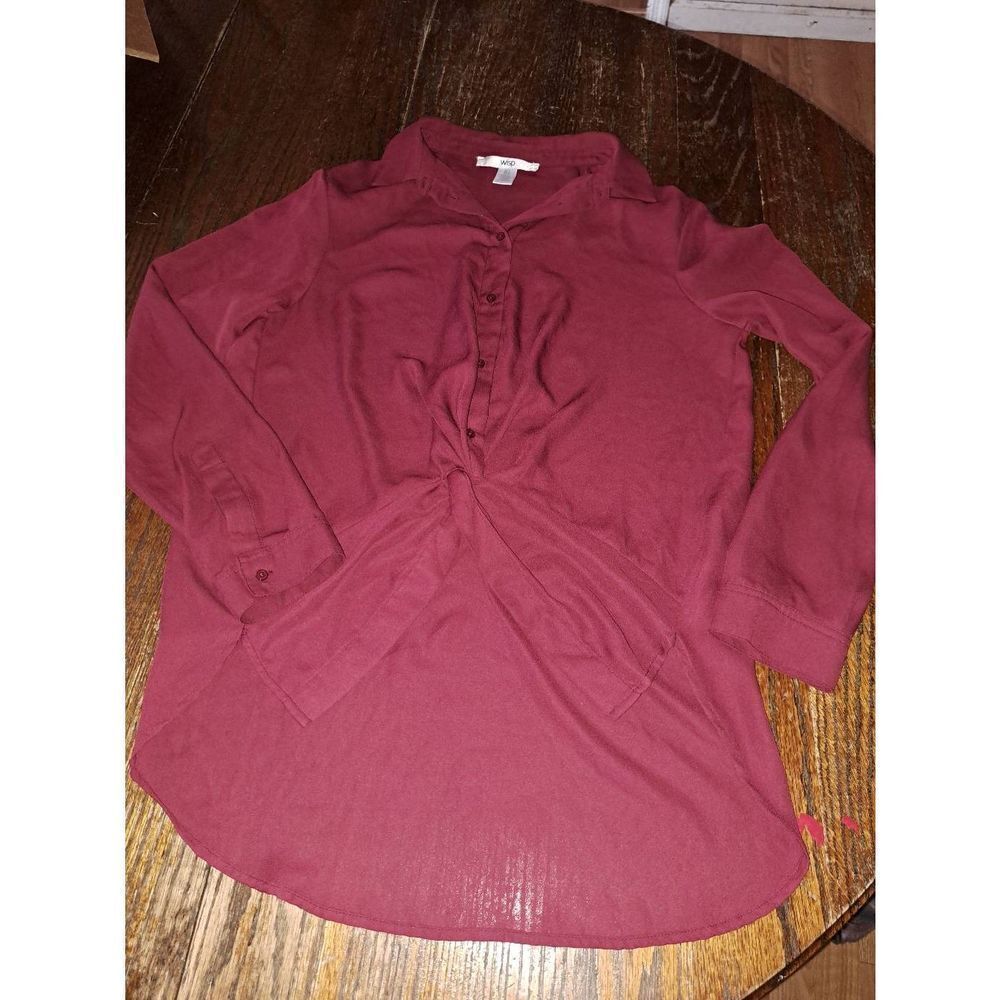 Small Wisp Burgandy Long Sleeve Front Gaux Knot Waist Blouse Shirt Top
